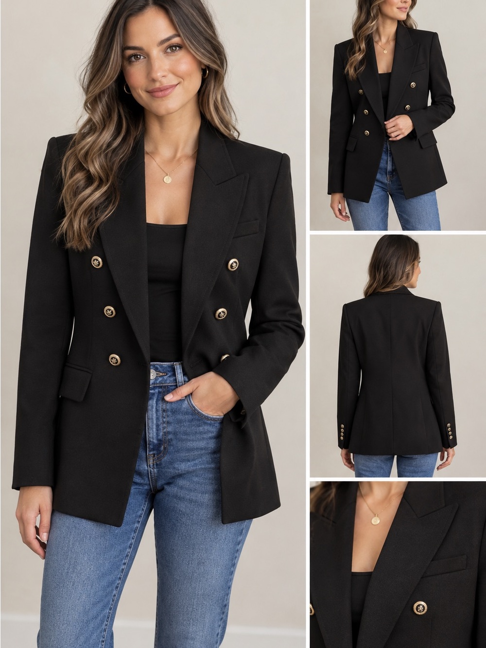 Zara Black Double-Breasted Blazer with Gold Buttons